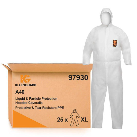 KLEENGUARD A40 LIQUID & PARTICLE PROTECTION COVERALLS (HOODED, WHITE), EXTRA LARGE 25PC/CTN - 21Bmedical